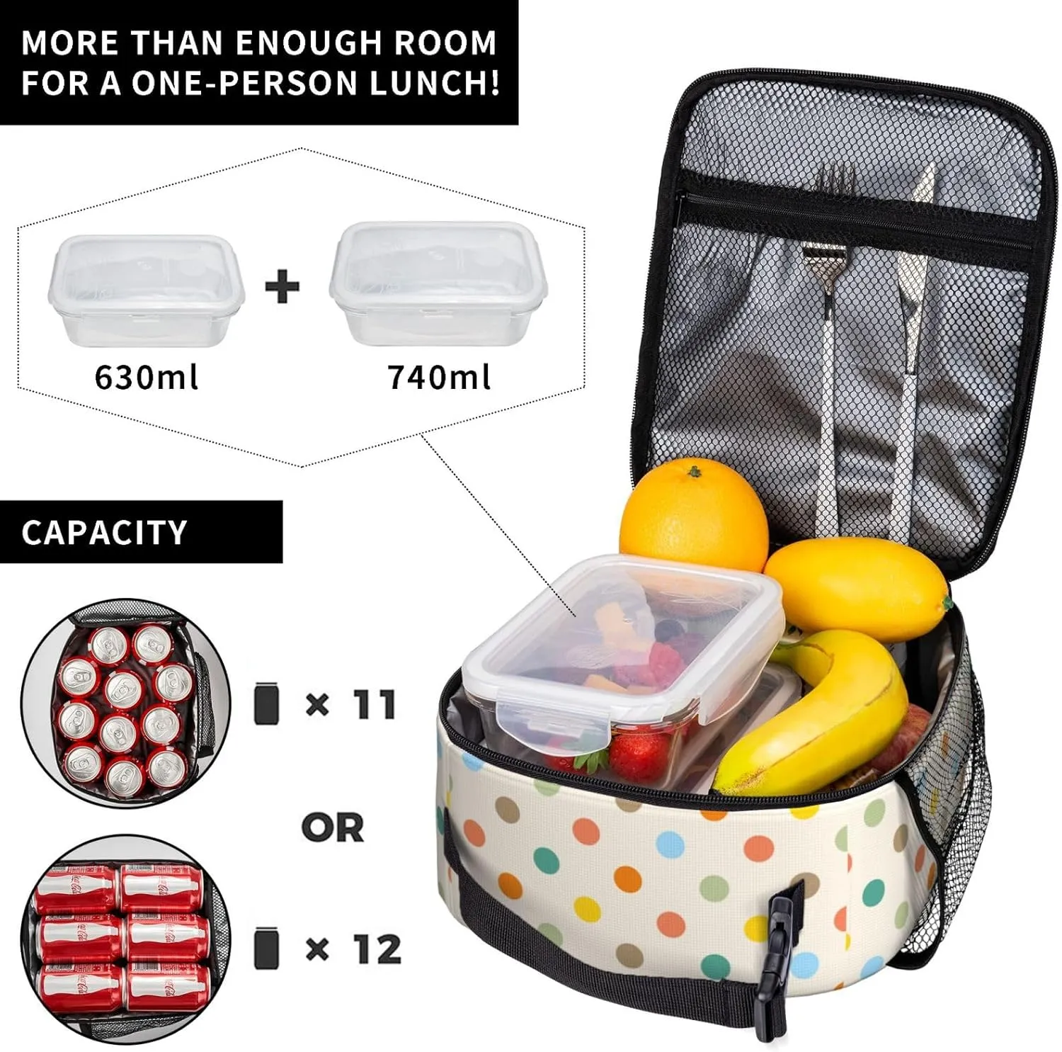 Retro Colorful Polka Dot Insulated Lunch Bag Reusable Cooler Lunch Box Portable Leakproof Thermal Container Tote Bags for Girls Boys School Travel