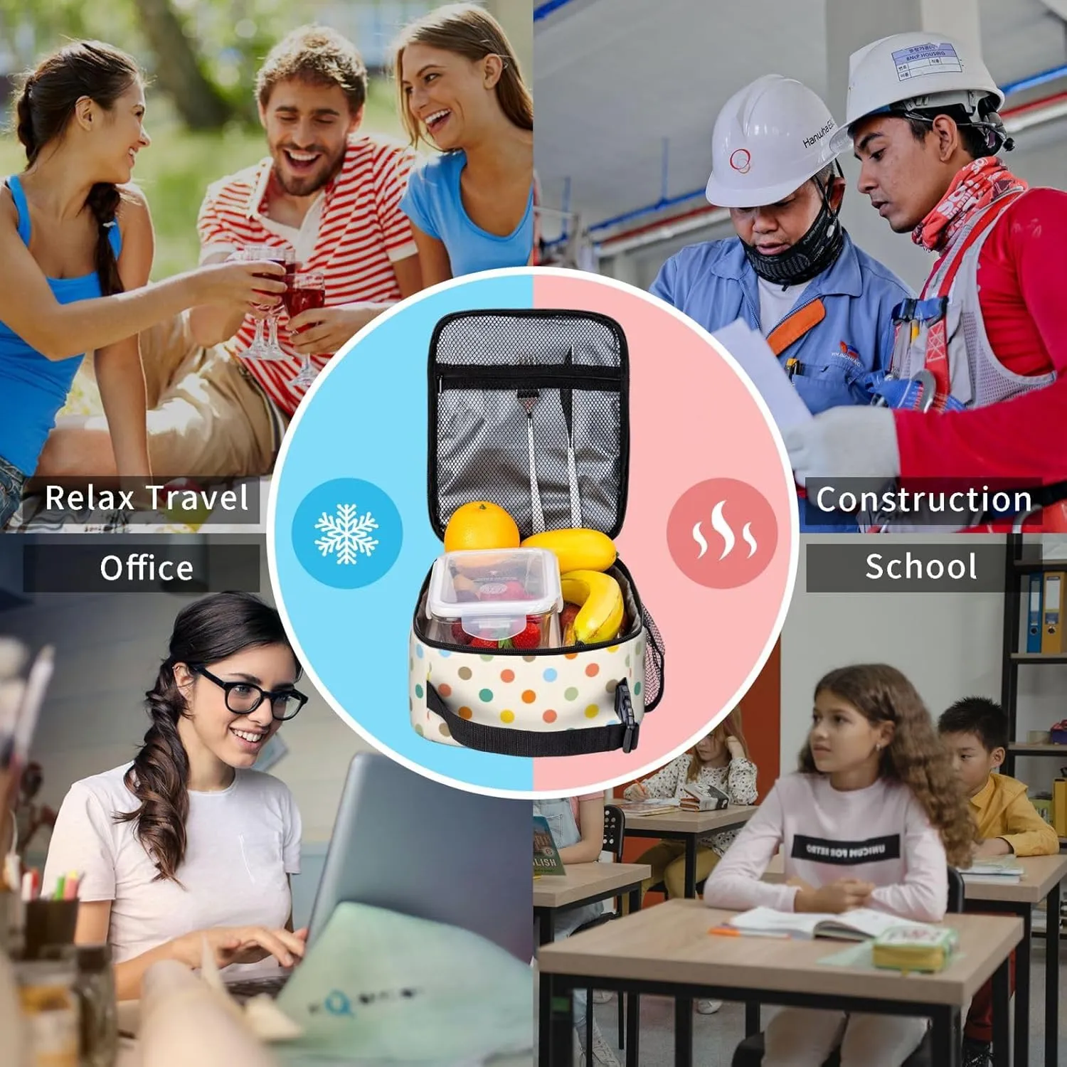 Retro Colorful Polka Dot Insulated Lunch Bag Reusable Cooler Lunch Box Portable Leakproof Thermal Container Tote Bags for Girls Boys School Travel