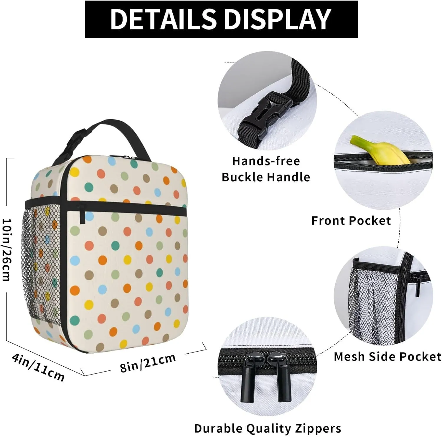 Retro Colorful Polka Dot Insulated Lunch Bag Reusable Cooler Lunch Box Portable Leakproof Thermal Container Tote Bags for Girls Boys School Travel