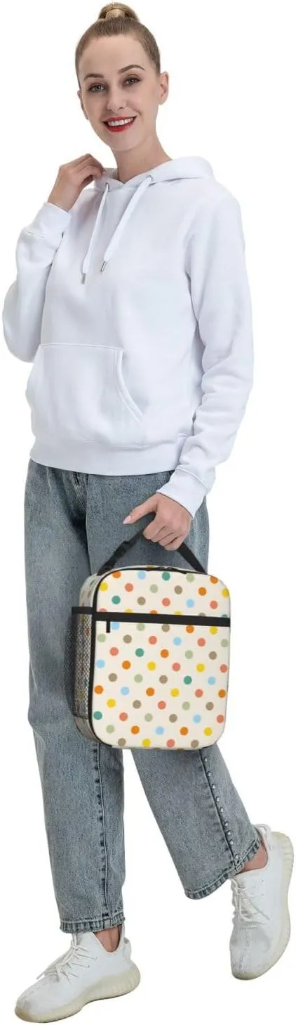 Retro Colorful Polka Dot Insulated Lunch Bag Reusable Cooler Lunch Box Portable Leakproof Thermal Container Tote Bags for Girls Boys School Travel