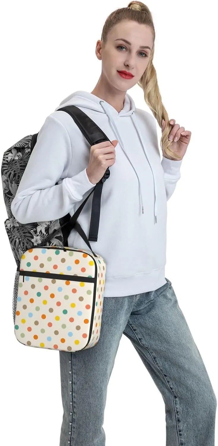 Retro Colorful Polka Dot Insulated Lunch Bag Reusable Cooler Lunch Box Portable Leakproof Thermal Container Tote Bags for Girls Boys School Travel