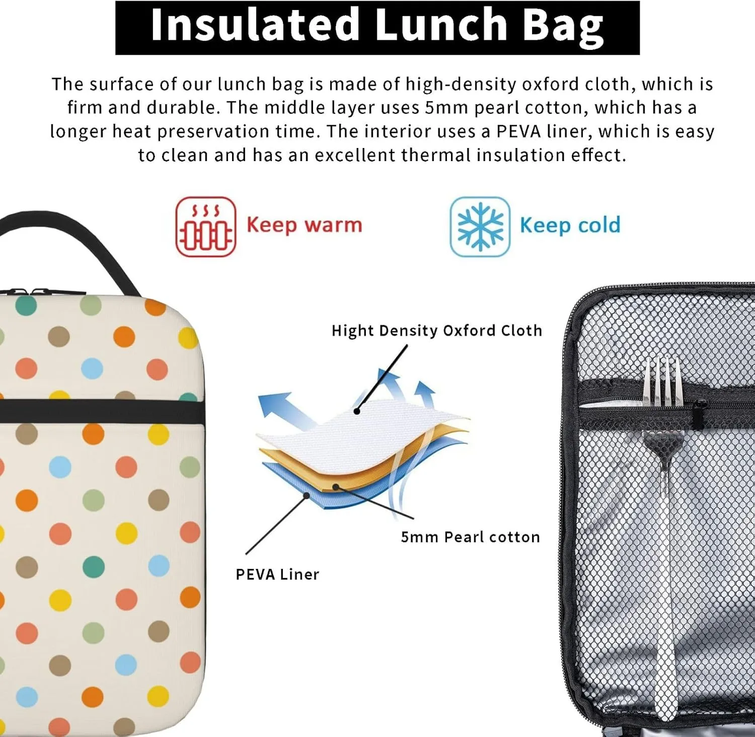 Retro Colorful Polka Dot Insulated Lunch Bag Reusable Cooler Lunch Box Portable Leakproof Thermal Container Tote Bags for Girls Boys School Travel