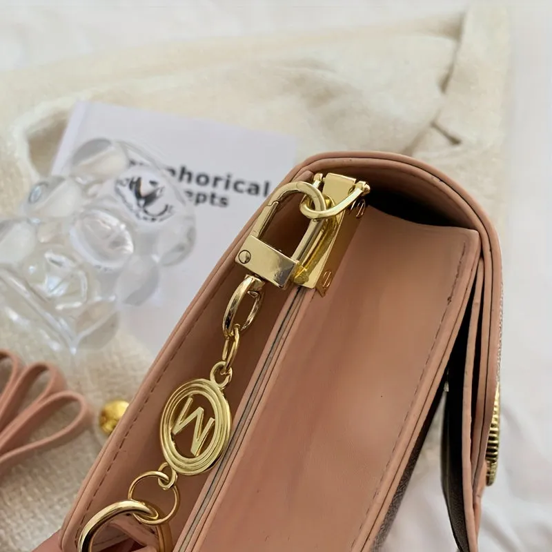 Retro Letter Graphic Crossbody Bag, Women's Chain Shoulder Bag, Trendy Square Handbag & Purses
