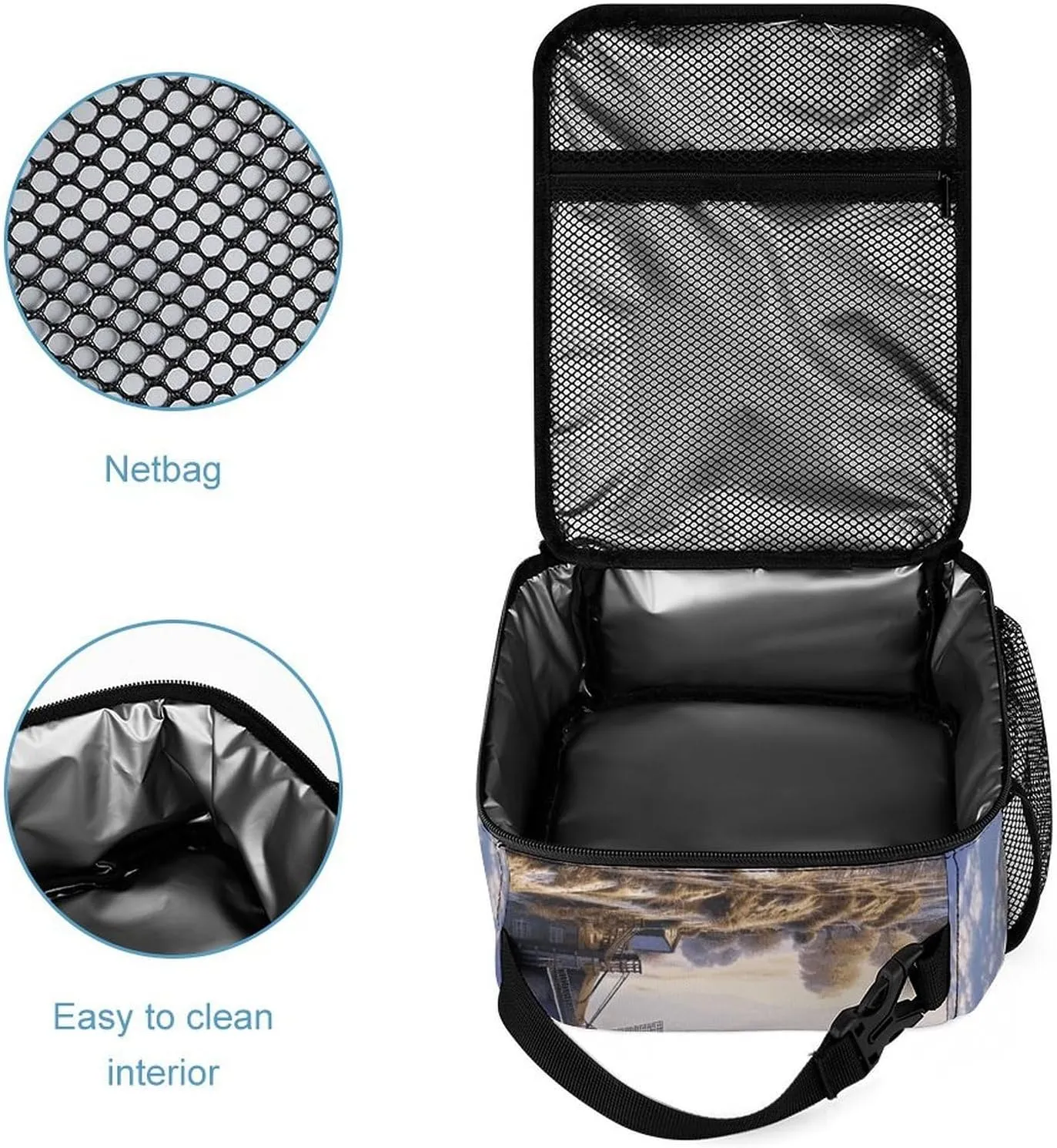 Reusable Insulated Lunch Bag Landscape with A Traditional Windmill Leakproof Portable Lunch Box for Women Men Work Office Picnic Travel