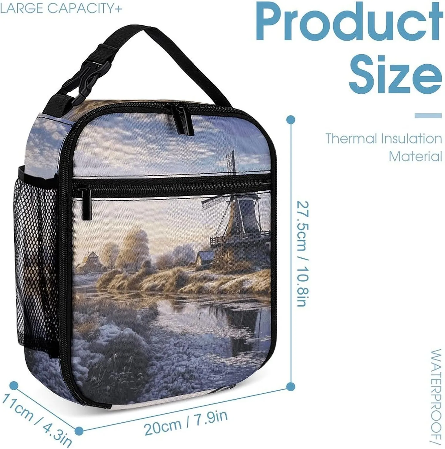 Reusable Insulated Lunch Bag Landscape with A Traditional Windmill Leakproof Portable Lunch Box for Women Men Work Office Picnic Travel