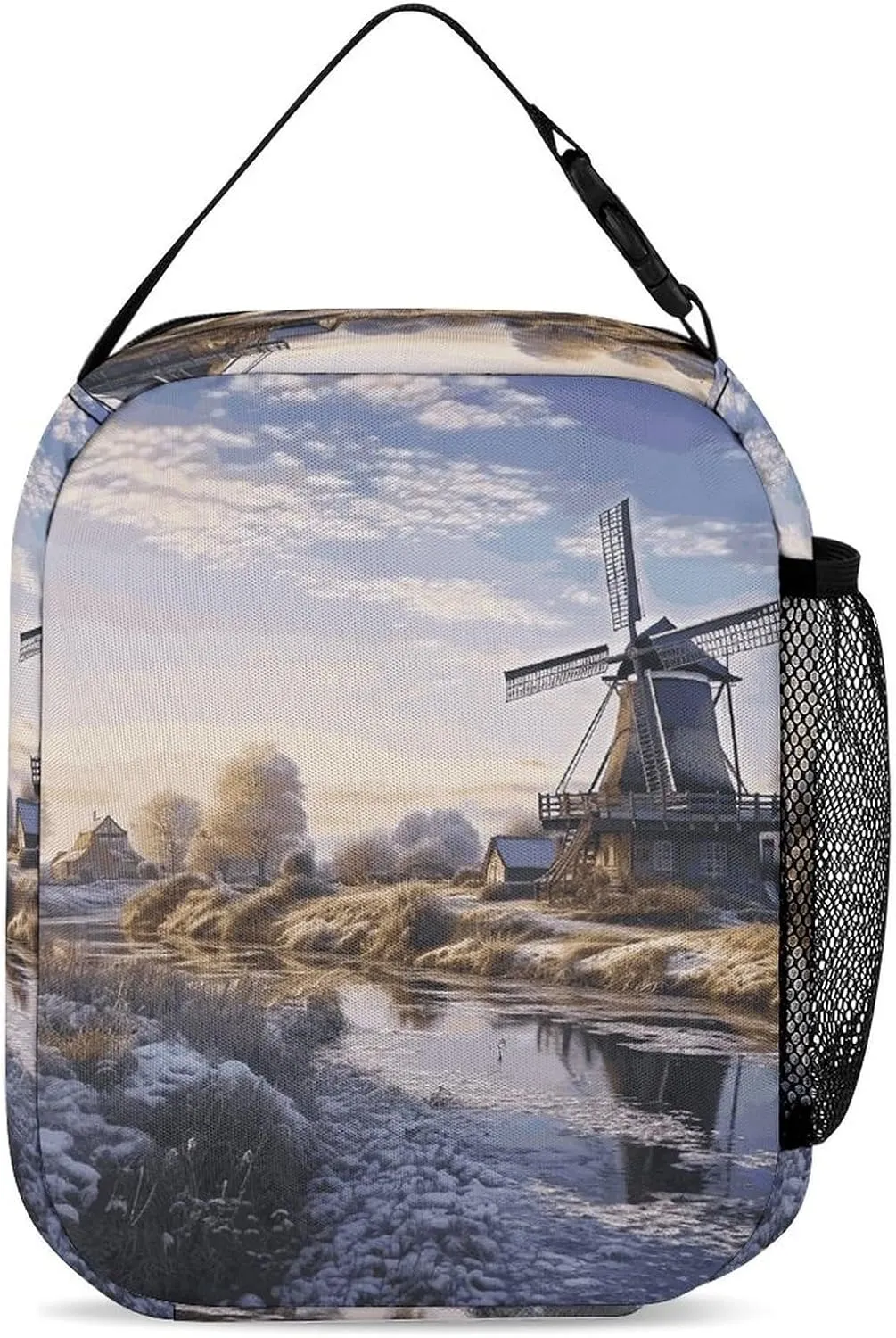 Reusable Insulated Lunch Bag Landscape with A Traditional Windmill Leakproof Portable Lunch Box for Women Men Work Office Picnic Travel