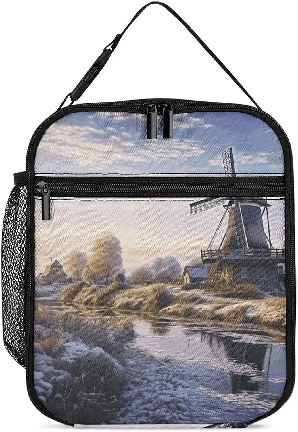 Reusable Insulated Lunch Bag Landscape with A Traditional Windmill Leakproof Portable Lunch Box for Women Men Work Office Picnic Travel