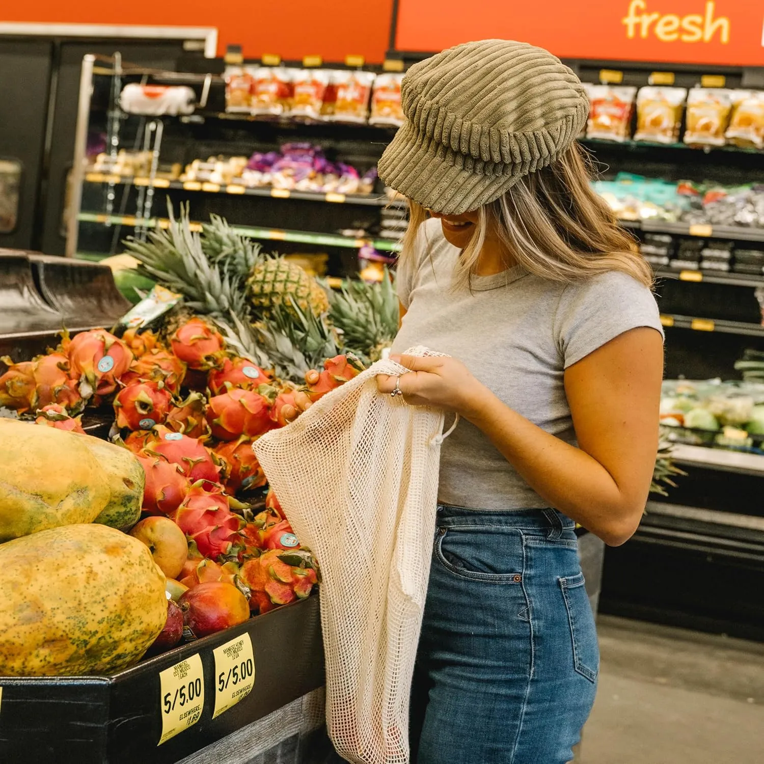 Reusable Produce Shopping and Storage Bags, Drawstring, Washable Organic Cotton Mesh, X Large 3 pack