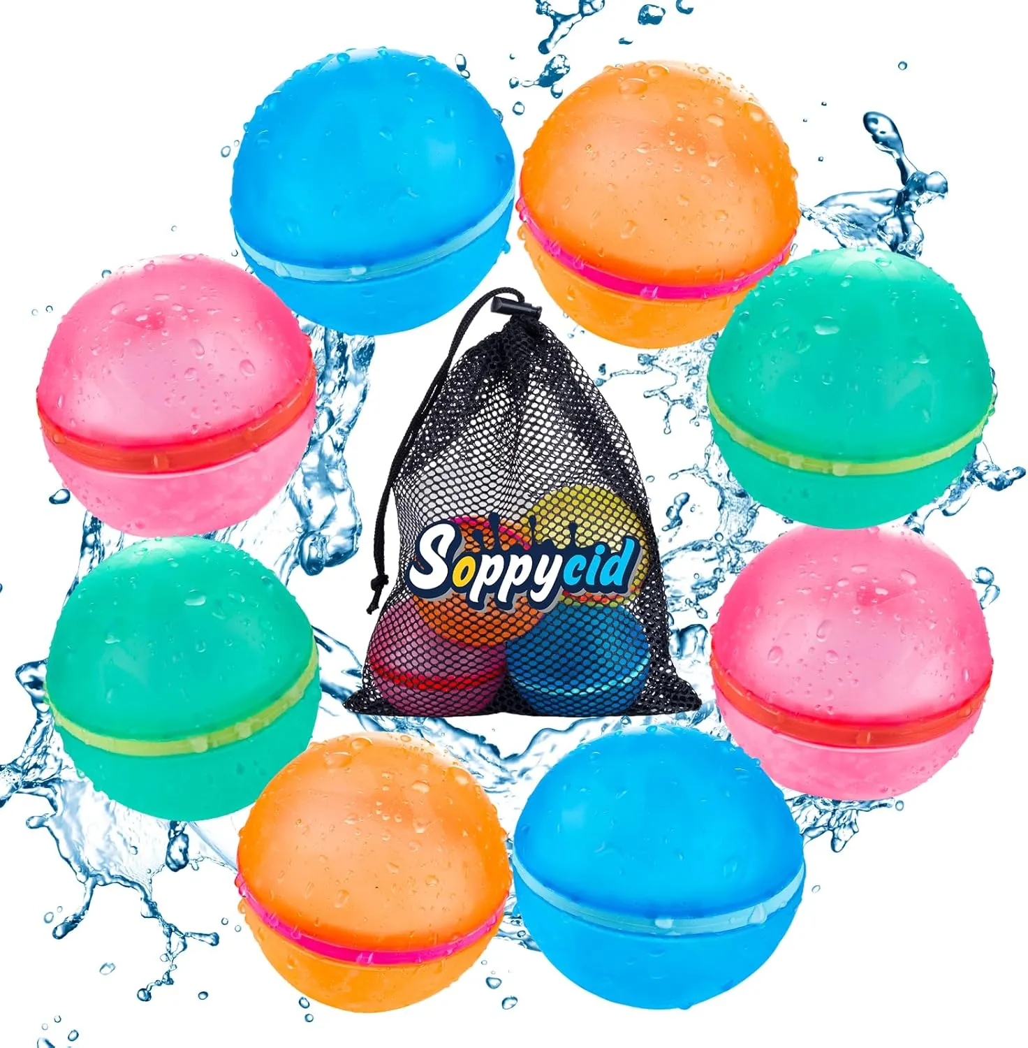 Reusable Water Balloons with Mesh Bag, Latex-Free Silicone Quick Self-Sealing Water Splash Bomb for Kids Adults Water Game, Bath Toy, Pool Toy, Summer Party Supplies (8PCS)