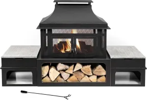 Rimasco 80-Inch Metal Wood Burner Fireplace with Side Storage Tables - Wood Burning Fire Pit for Home - Smokeless Patio Fire Pit - Outdoor