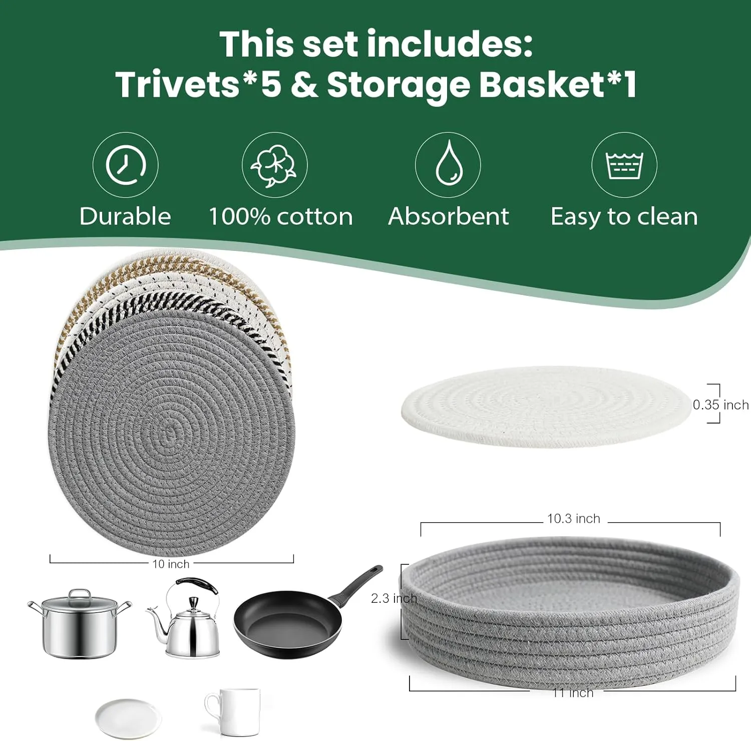RIOOP 10 Inches Trivets for Hot Dishes, Pots and Pans with Storage Basket, 5 Heat Resistant Large Coaster for Kitchen, Hot Pads Mats for Countertops, Table, Kitchen Essentials, Farmhouse Decor