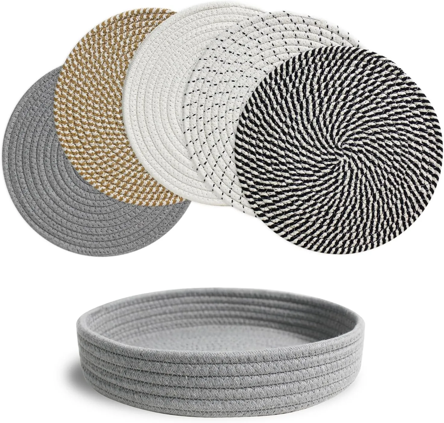 RIOOP 10 Inches Trivets for Hot Dishes, Pots and Pans with Storage Basket, 5 Heat Resistant Large Coaster for Kitchen, Hot Pads Mats for Countertops, Table, Kitchen Essentials, Farmhouse Decor
