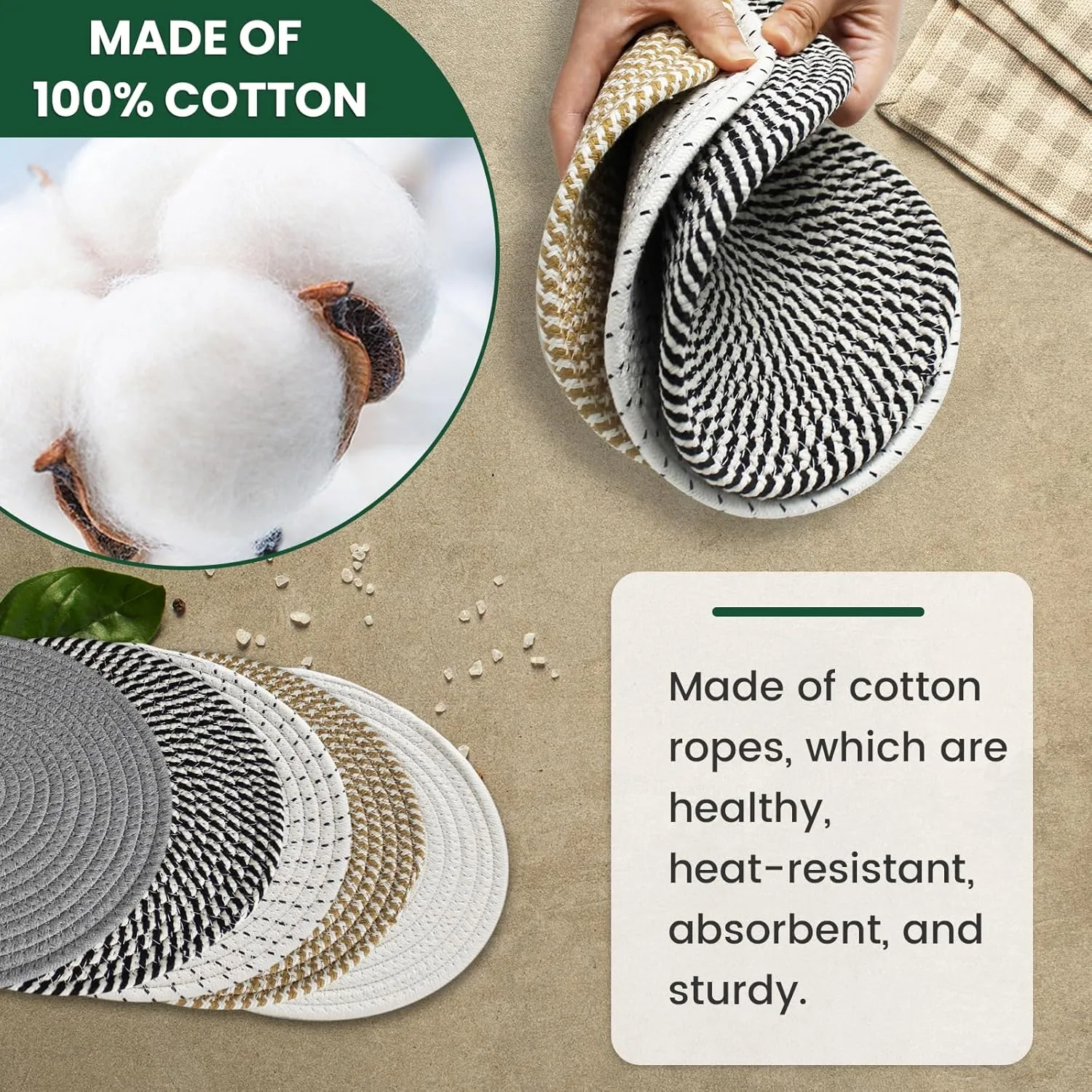 RIOOP 10 Inches Trivets for Hot Dishes, Pots and Pans with Storage Basket, 5 Heat Resistant Large Coaster for Kitchen, Hot Pads Mats for Countertops, Table, Kitchen Essentials, Farmhouse Decor