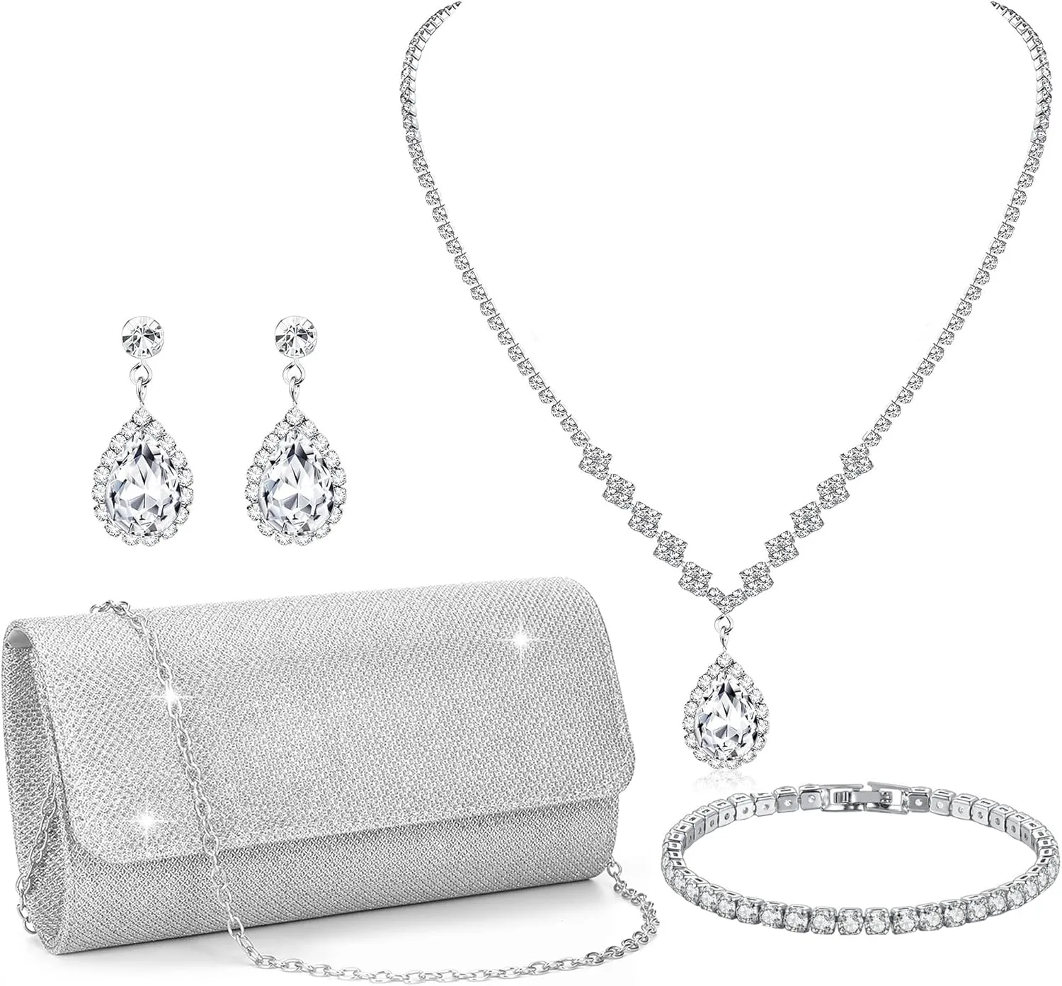 RIOSO 4Pcs Silver Jewelry Set for Women Evening Rhinestone Sparkly Clutch Purse Bag Necklace Earrings Bracelet Silver Formal Prom Costume Sets for Women Bride Wedding Jewelry