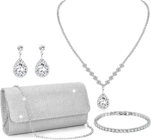 RIOSO 4Pcs Silver Jewelry Set for Women Evening Rhinestone Sparkly Clutch Purse Bag Necklace Earrings Bracelet Silver Formal Prom Costume Sets for Women Bride Wedding Jewelry