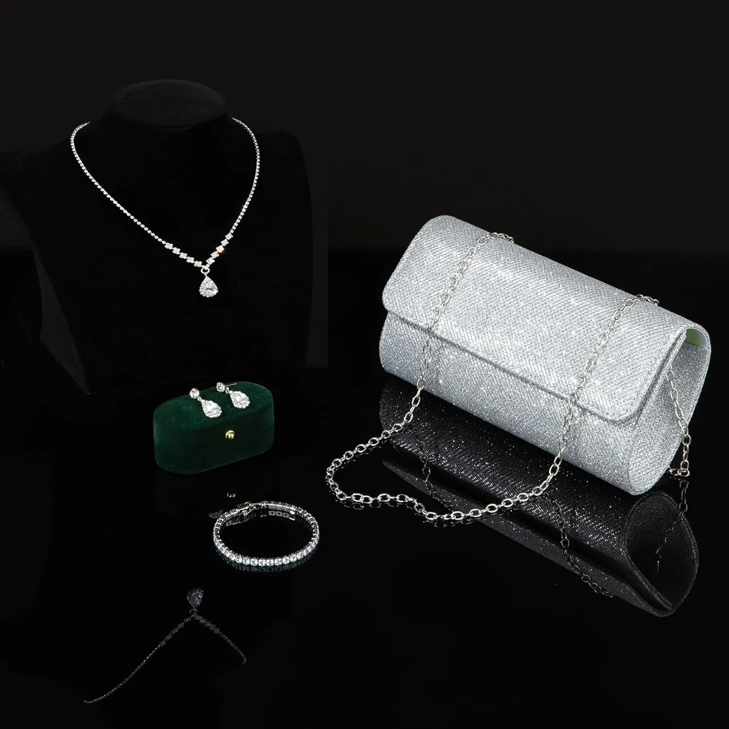 RIOSO 4Pcs Silver Jewelry Set for Women Evening Rhinestone Sparkly Clutch Purse Bag Necklace Earrings Bracelet Silver Formal Prom Costume Sets for Women Bride Wedding Jewelry