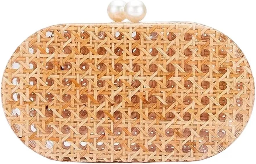 RomanticDesign Women Acrylic Handbag Rattan Woven Pattern Square Box Crossbody Handbag Shoulder Bag Chain Purse