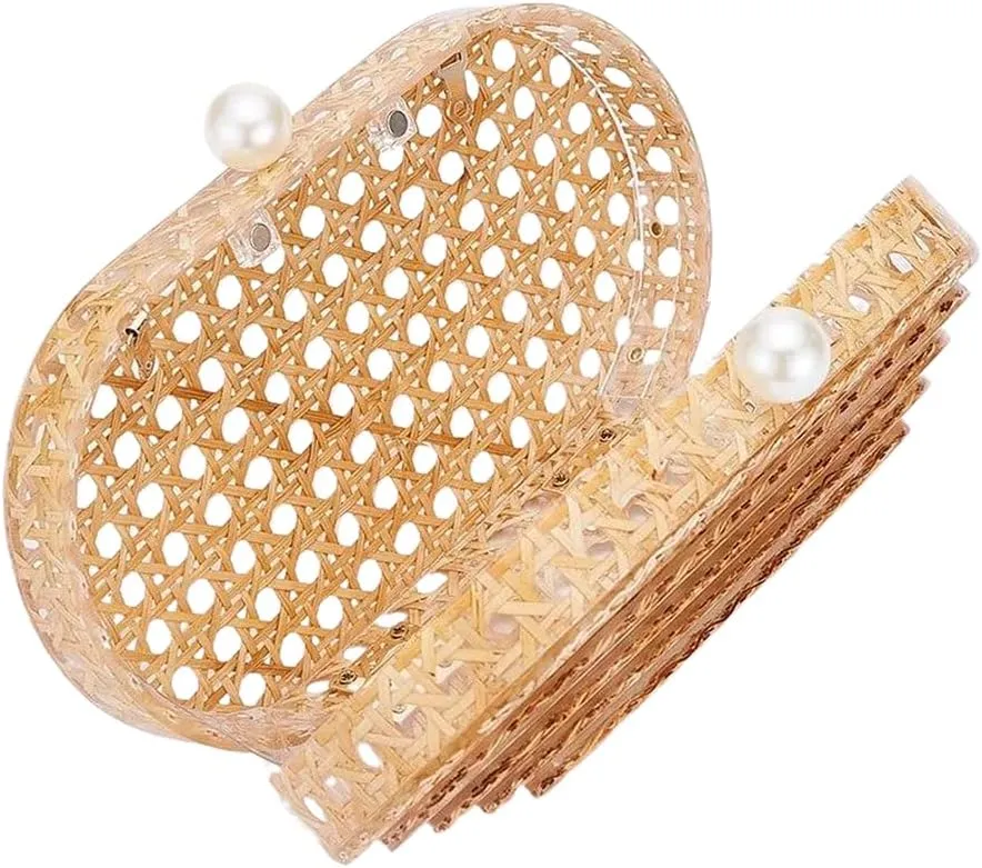 RomanticDesign Women Acrylic Handbag Rattan Woven Pattern Square Box Crossbody Handbag Shoulder Bag Chain Purse