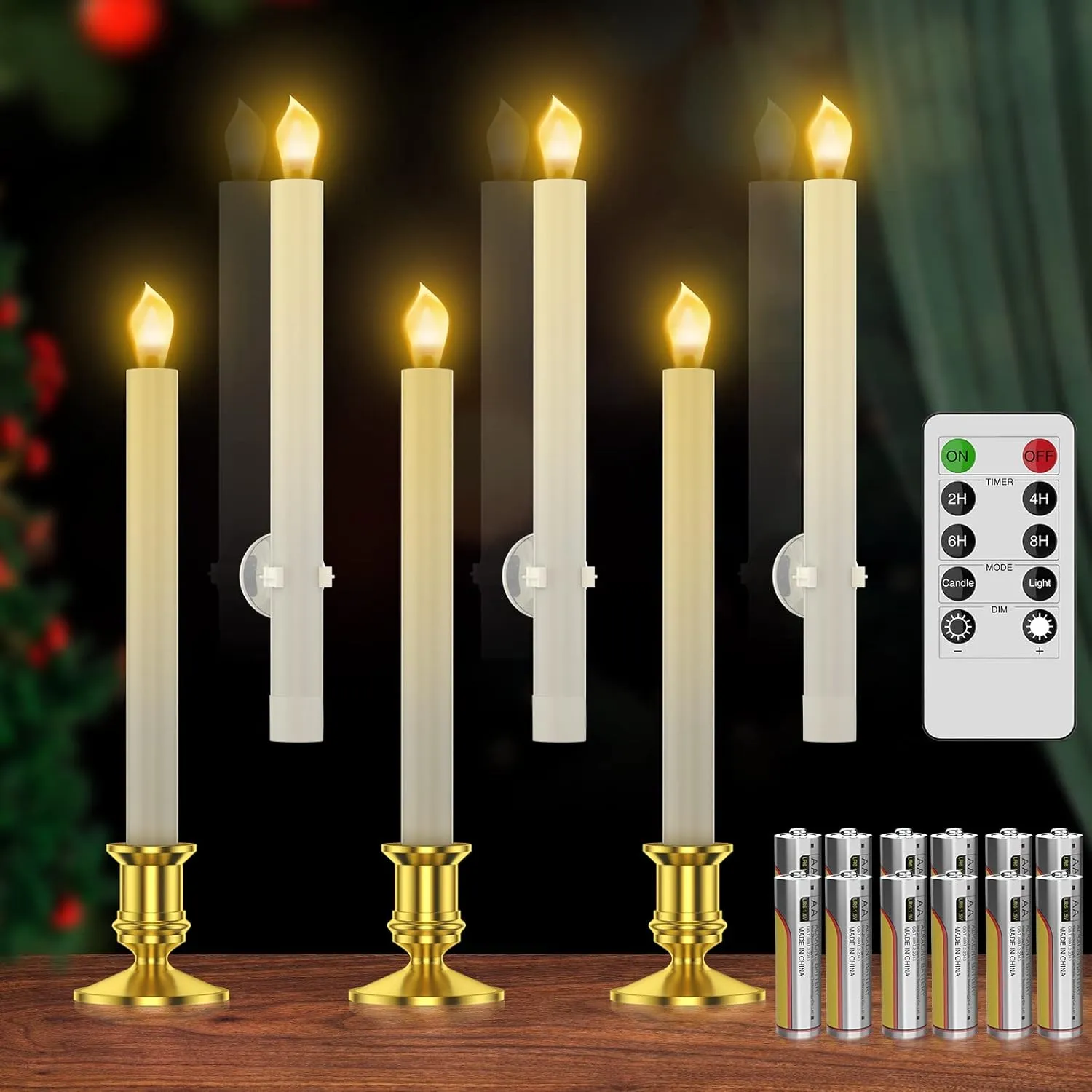 RONXS Window Candles, Flameless Taper Candles with Timer, Christmas Home Wedding Decor Battery Operated Flickering LED Candles with Remote Controls, Gold Candle Holders (6pcs Gold)