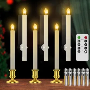 RONXS Window Candles, Flameless Taper Candles with Timer, Christmas Home Wedding Decor Battery Operated Flickering LED Candles with Remote Controls, Gold Candle Holders (6pcs Gold)