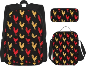 Rooster Multifunctional Pocket Backpack Crossbody Lunch Bag Pencil Case 3Pcs Set Large Capacity Backpack
