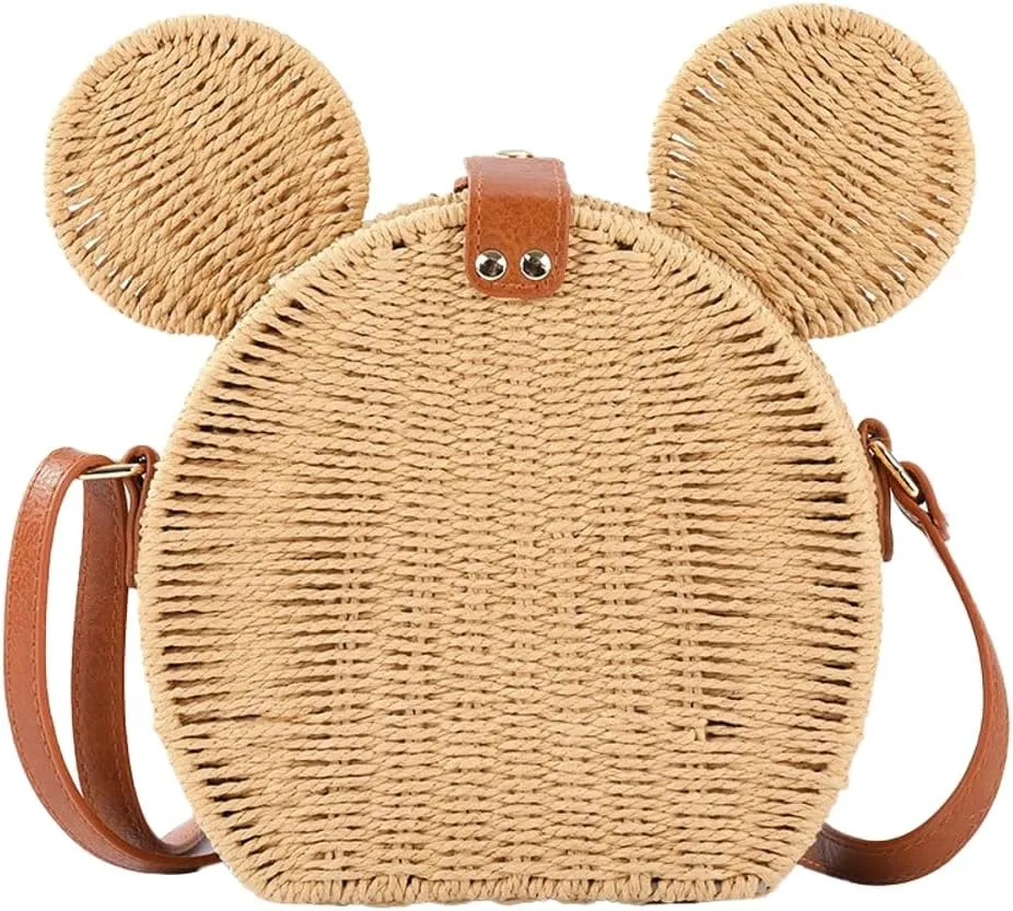 Round Rattan Straw Bag Purse for Women Trendy Crossbody Shoulder Bag Handbag Handmade Cute Mouse Ear Wicker Woven Purse