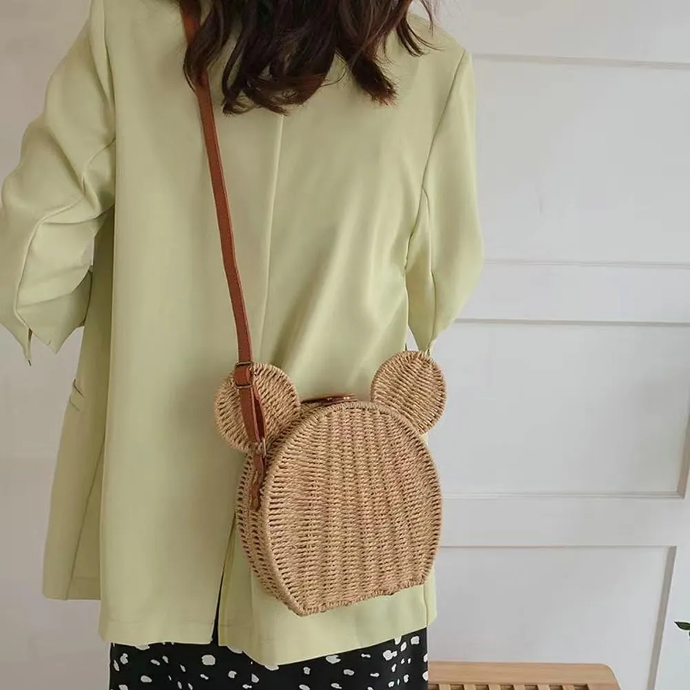 Round Rattan Straw Bag Purse for Women Trendy Crossbody Shoulder Bag Handbag Handmade Cute Mouse Ear Wicker Woven Purse