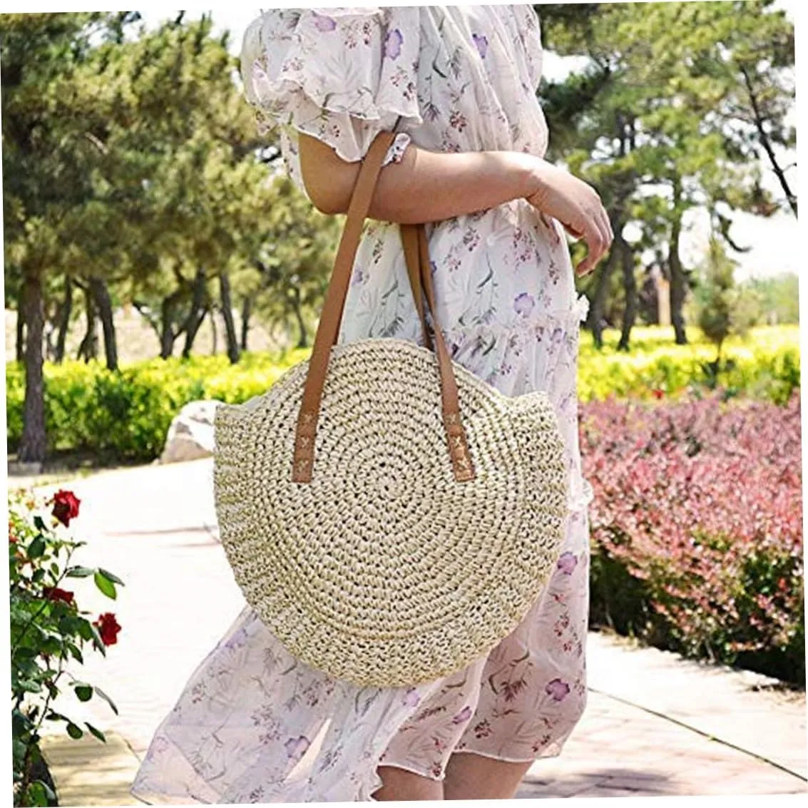 Round Straw Bag Weave Shoulder Bag Women Lady Summer Beach Purse Rattan Straw Handbags Bohemia Crossbody 41 x 37 CM