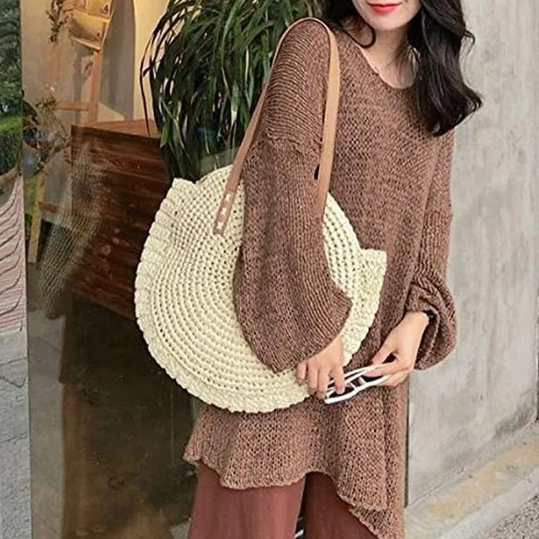 Round Straw Bag Weave Shoulder Bag Women Lady Summer Beach Purse Rattan Straw Handbags Bohemia Crossbody 41 x 37 CM