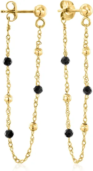 RS Pure by Ross-Simons 2-2.5mm Onyx Bead Rope-Chain Drop Earrings in 14kt Yellow Gold