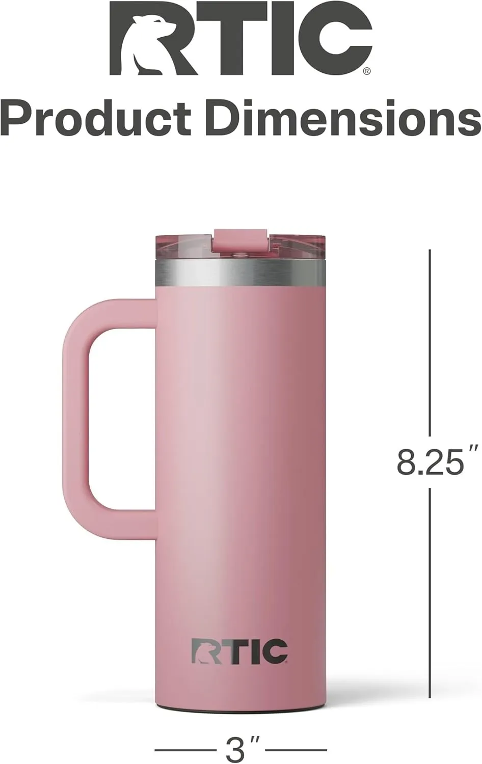 RTIC 20oz Road Trip Travel Mug with Lid and Handle, Insulated, Stainless Steel, Metal, Double Wall Vacuum-Insulation, Ceramic Lined, Portable Coffee, Tea Cup for Hot and Cold Drink, Dusty Rose