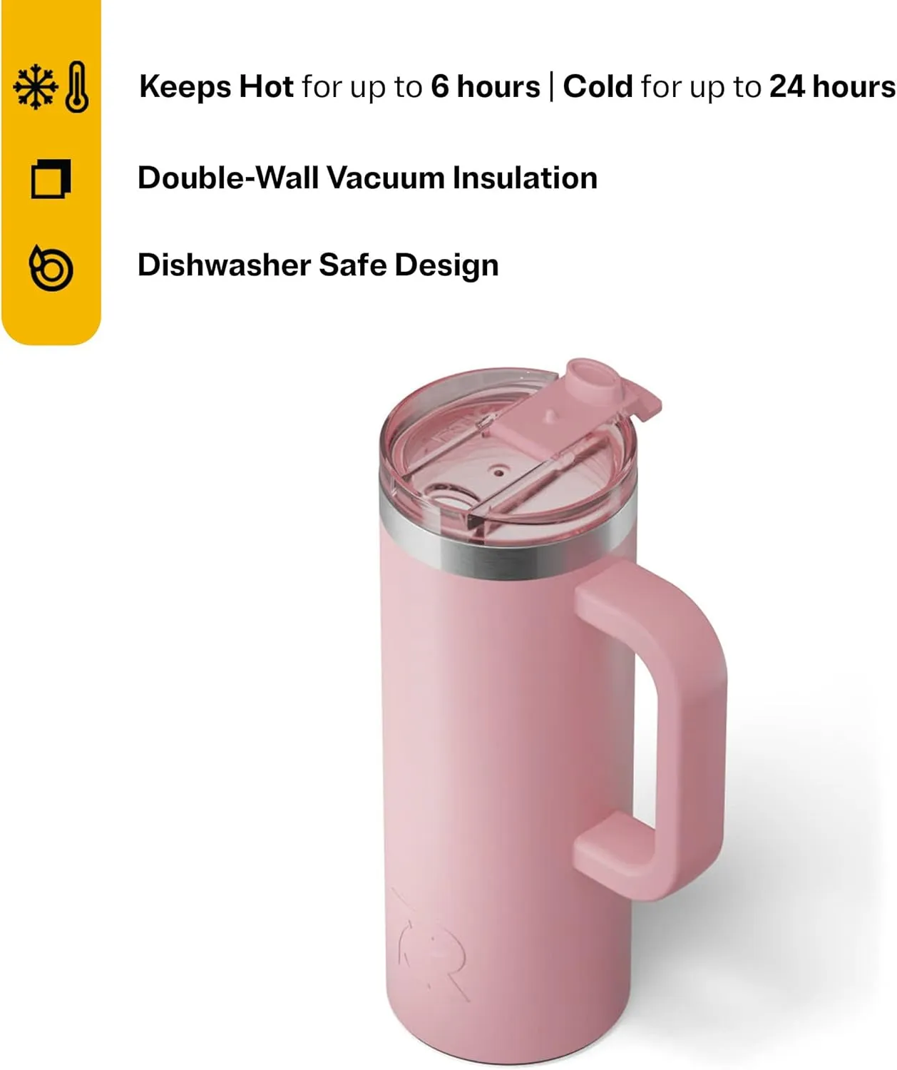RTIC 20oz Road Trip Travel Mug with Lid and Handle, Insulated, Stainless Steel, Metal, Double Wall Vacuum-Insulation, Ceramic Lined, Portable Coffee, Tea Cup for Hot and Cold Drink, Dusty Rose