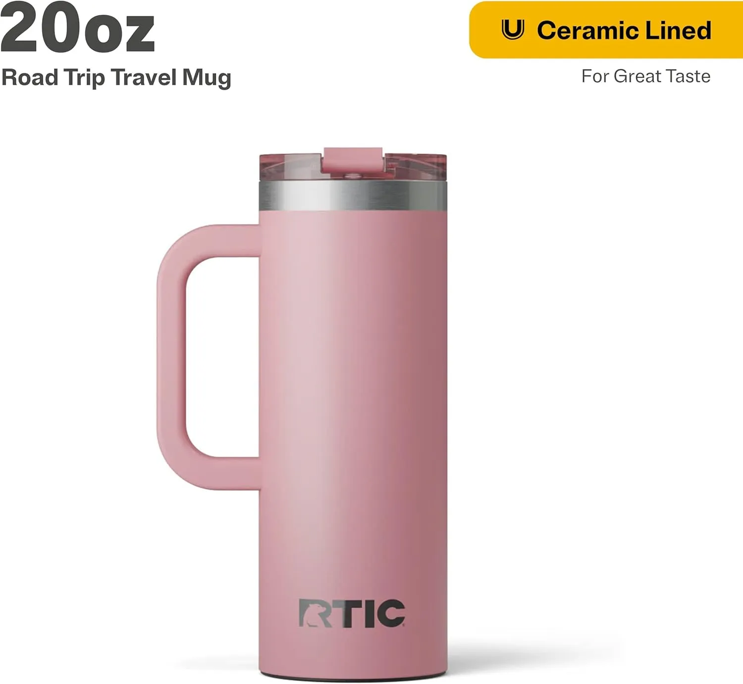 RTIC 20oz Road Trip Travel Mug with Lid and Handle, Insulated, Stainless Steel, Metal, Double Wall Vacuum-Insulation, Ceramic Lined, Portable Coffee, Tea Cup for Hot and Cold Drink, Dusty Rose