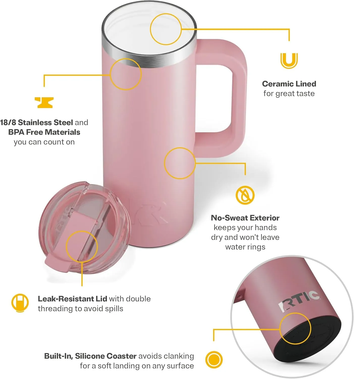 RTIC 20oz Road Trip Travel Mug with Lid and Handle, Insulated, Stainless Steel, Metal, Double Wall Vacuum-Insulation, Ceramic Lined, Portable Coffee, Tea Cup for Hot and Cold Drink, Dusty Rose