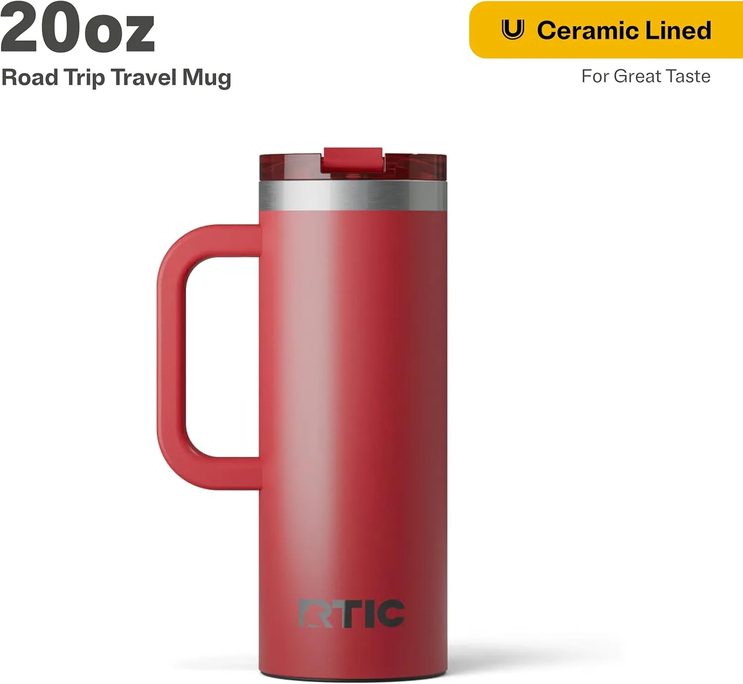 RTIC 20oz Road Trip Travel Mug with Lid and Handle, Insulated, Stainless Steel, Metal, Double Wall Vacuum-Insulation, Ceramic Lined, Portable Coffee, Tea Cup for Hot and Cold Drink, Flag Red