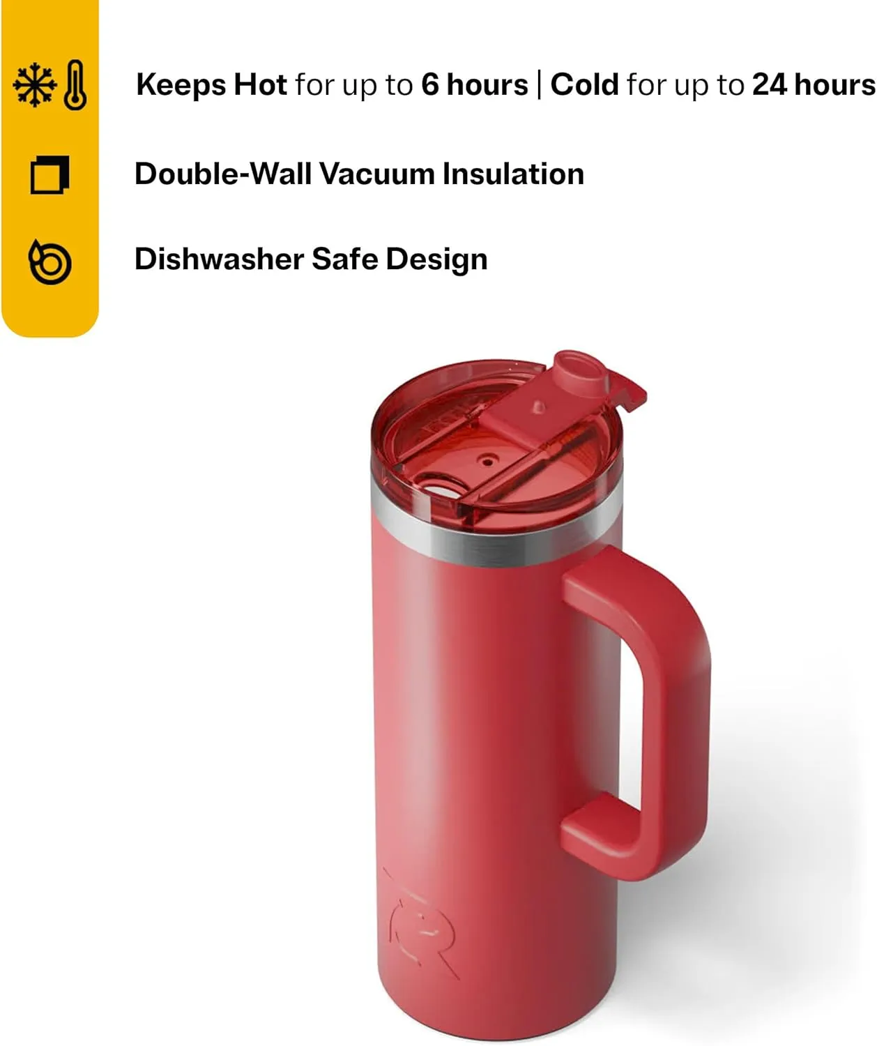 RTIC 20oz Road Trip Travel Mug with Lid and Handle, Insulated, Stainless Steel, Metal, Double Wall Vacuum-Insulation, Ceramic Lined, Portable Coffee, Tea Cup for Hot and Cold Drink, Flag Red