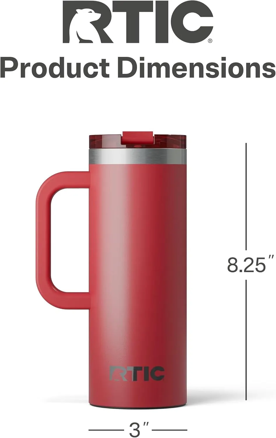 RTIC 20oz Road Trip Travel Mug with Lid and Handle, Insulated, Stainless Steel, Metal, Double Wall Vacuum-Insulation, Ceramic Lined, Portable Coffee, Tea Cup for Hot and Cold Drink, Flag Red