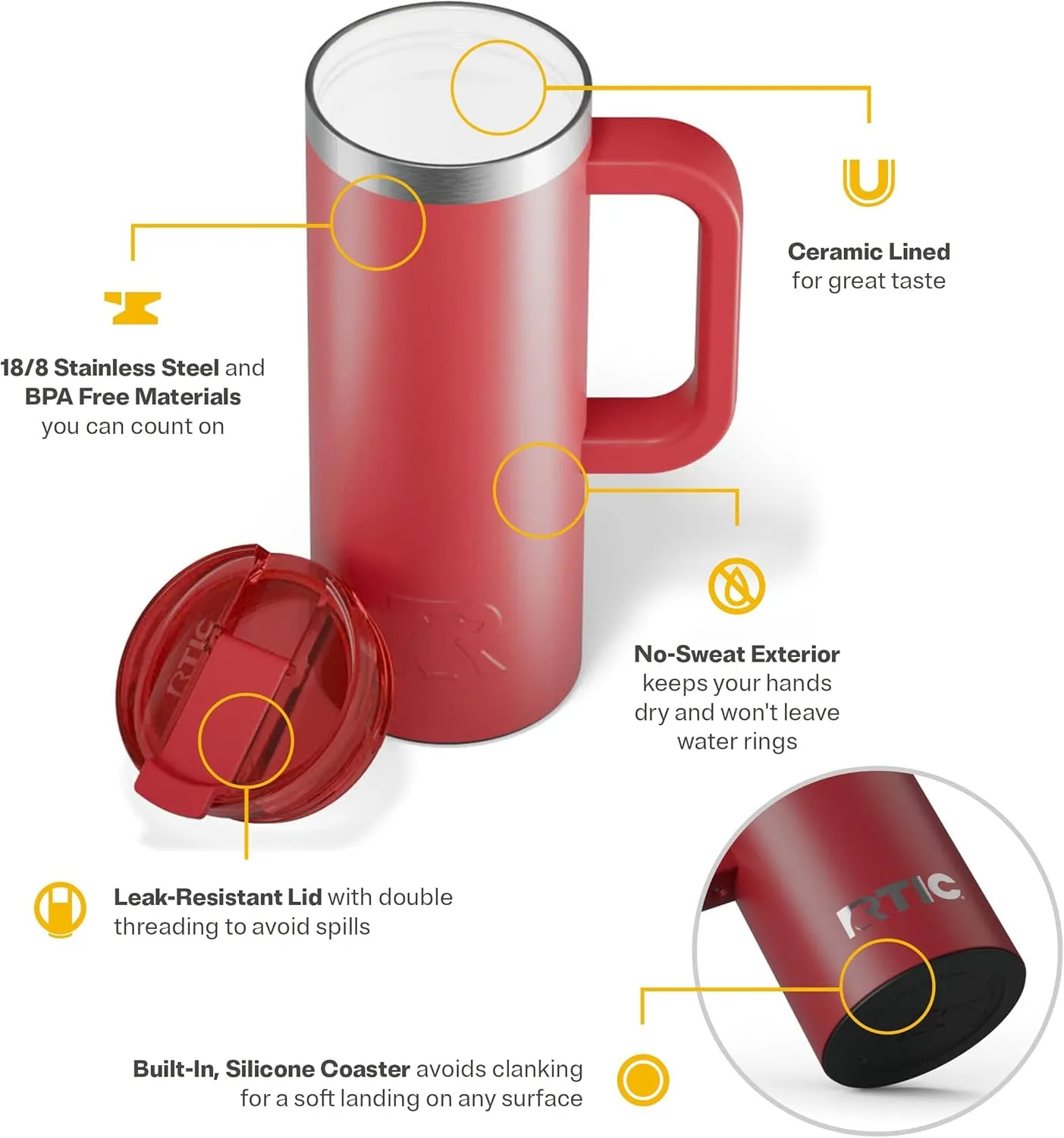 RTIC 20oz Road Trip Travel Mug with Lid and Handle, Insulated, Stainless Steel, Metal, Double Wall Vacuum-Insulation, Ceramic Lined, Portable Coffee, Tea Cup for Hot and Cold Drink, Flag Red