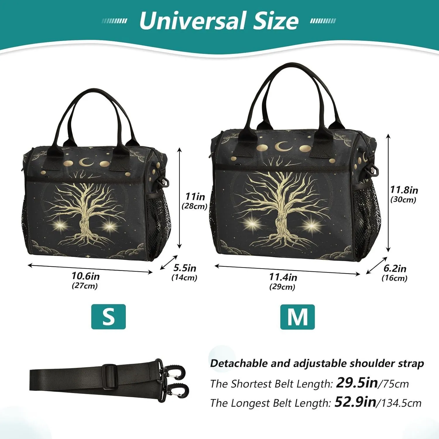 Sacred-tree-celestial-moon Insulated Cooler Lunch Bag for Women Men, Reusable Lunch Tote Bag with Adjustable Shoulder Belt for Travel Picnic Working,M, Medium