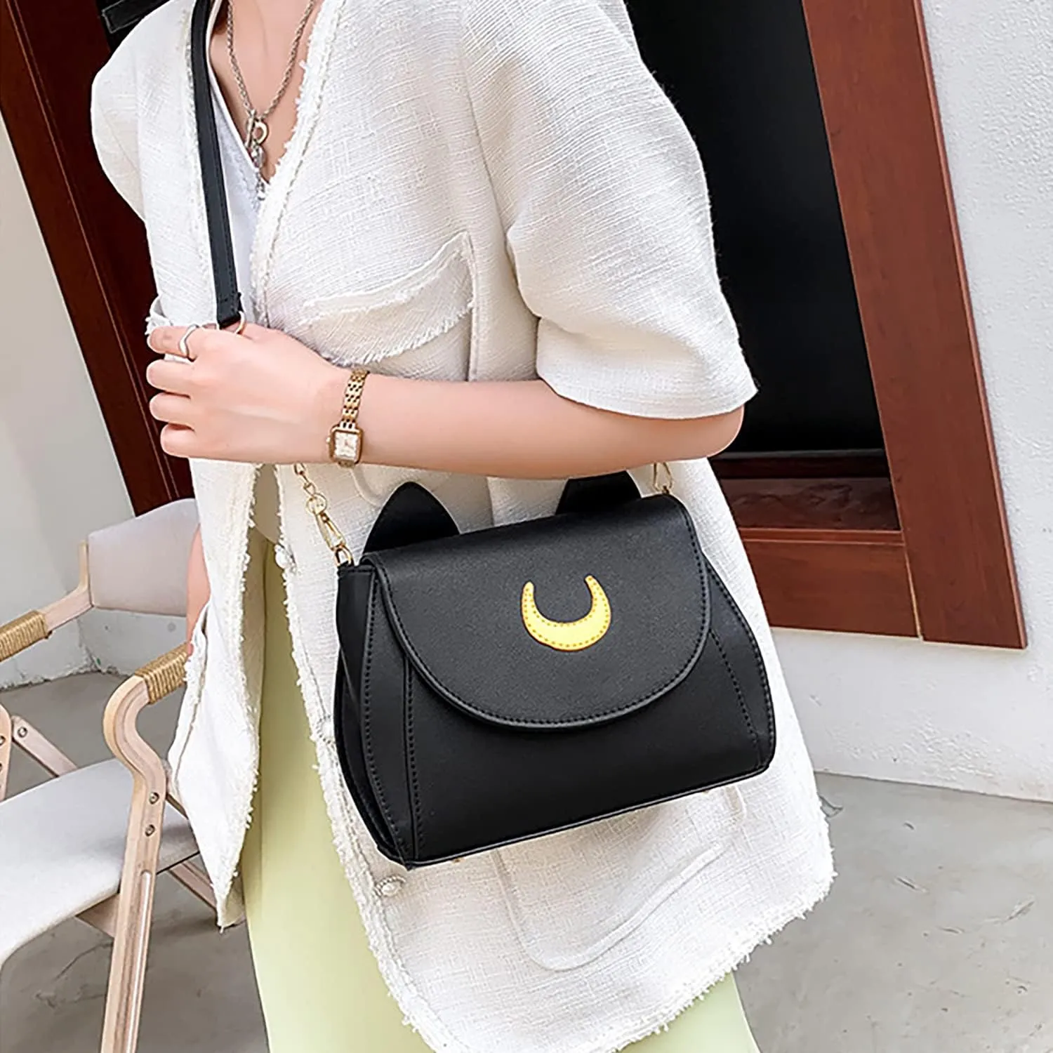 Sailor Anime Luna Crossbody Messenger Bag With Cat Ears, Women’s Moon Purses Satchel, Kawaii PU Leather Cosplay Shoulder Bag