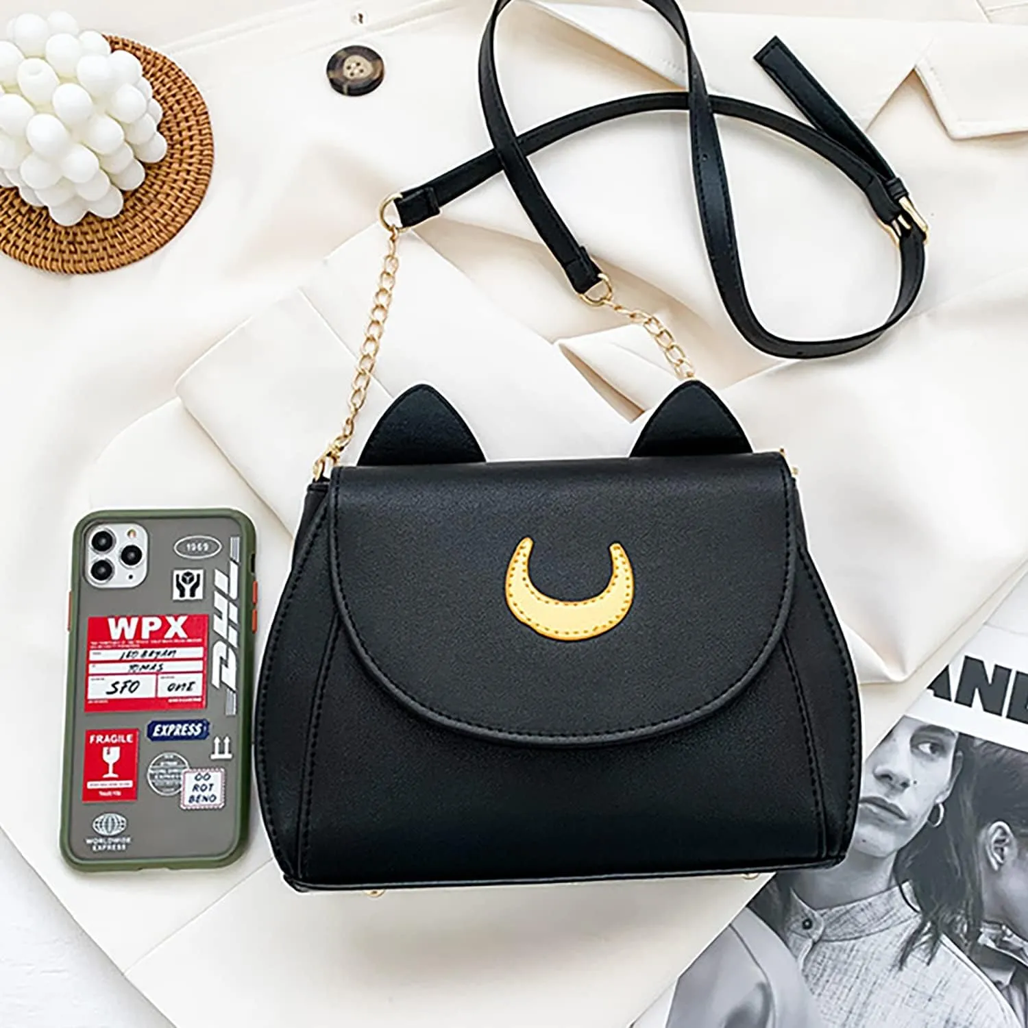 Sailor Anime Luna Crossbody Messenger Bag With Cat Ears, Women’s Moon Purses Satchel, Kawaii PU Leather Cosplay Shoulder Bag