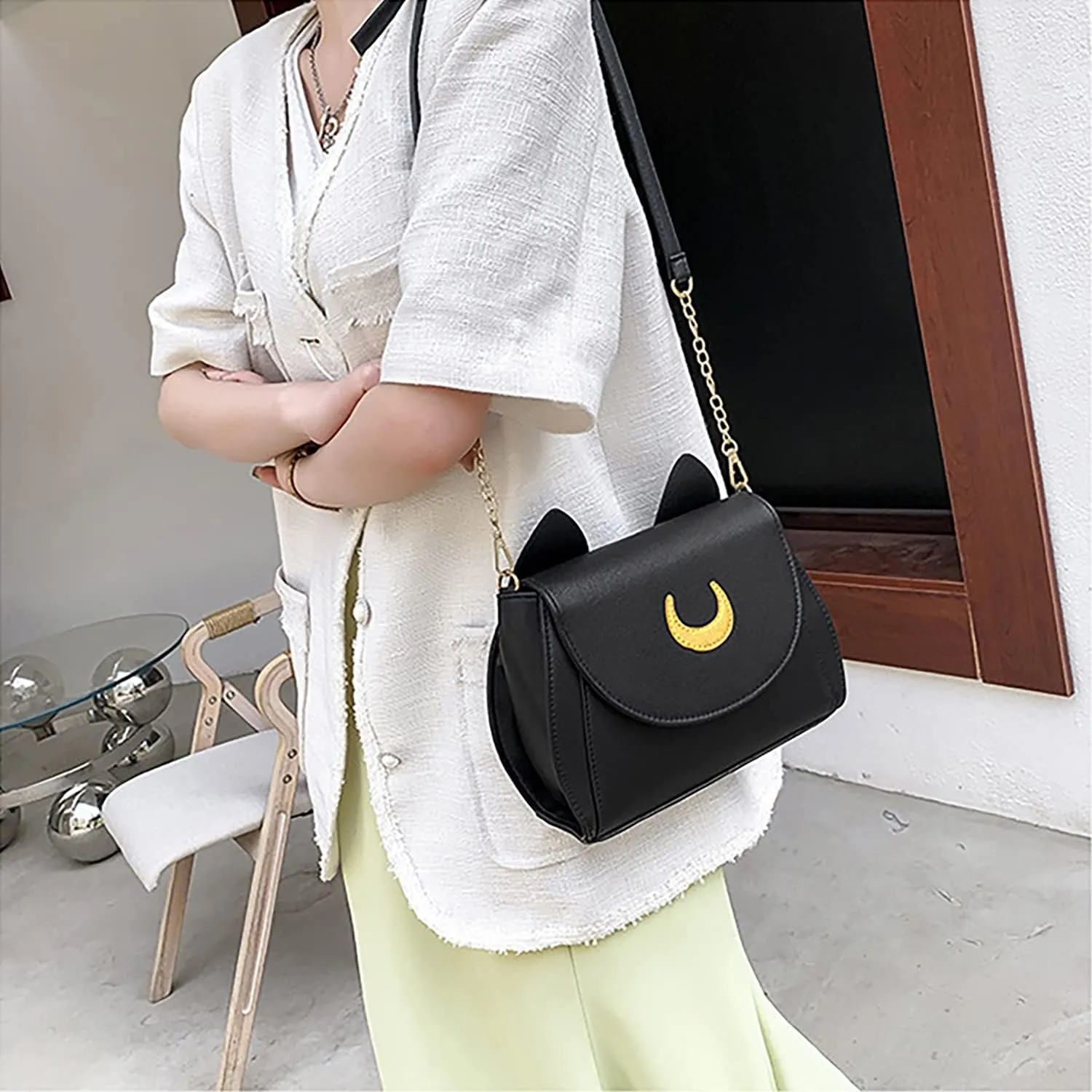 Sailor Anime Luna Crossbody Messenger Bag With Cat Ears, Women’s Moon Purses Satchel, Kawaii PU Leather Cosplay Shoulder Bag