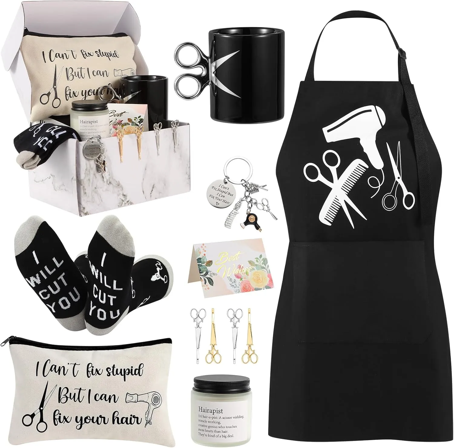 SAIWEILAI ONLINE 10 Pieces Hairdresser Gifts Set for Women Hair Stylist Appreciation Gift Set with Tumbler,Socks,Makeup Bag,Keychain,Candle,Scissor Hair Clips,Apron,Greeting Card (Mug Cup)