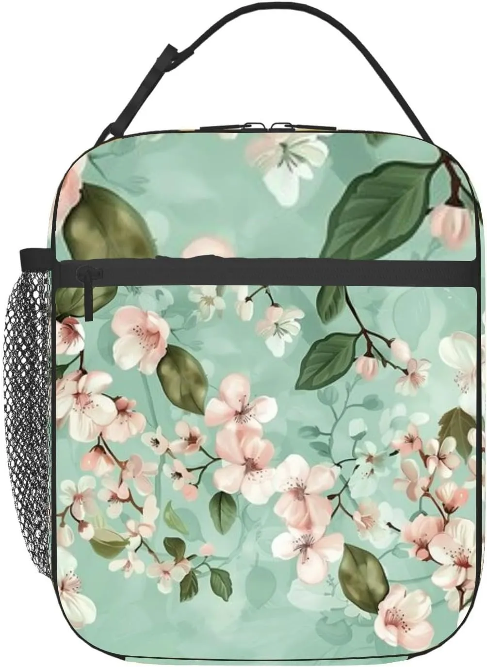 Sakura Symphony Bohemian Oriental Aesthetic Mint and Pink Flowers and Insulated Iunch Bag for Men Woman Large Portable Waterproof Reusable Thermal Lunch Box with Pockets for Work Travel Picnic