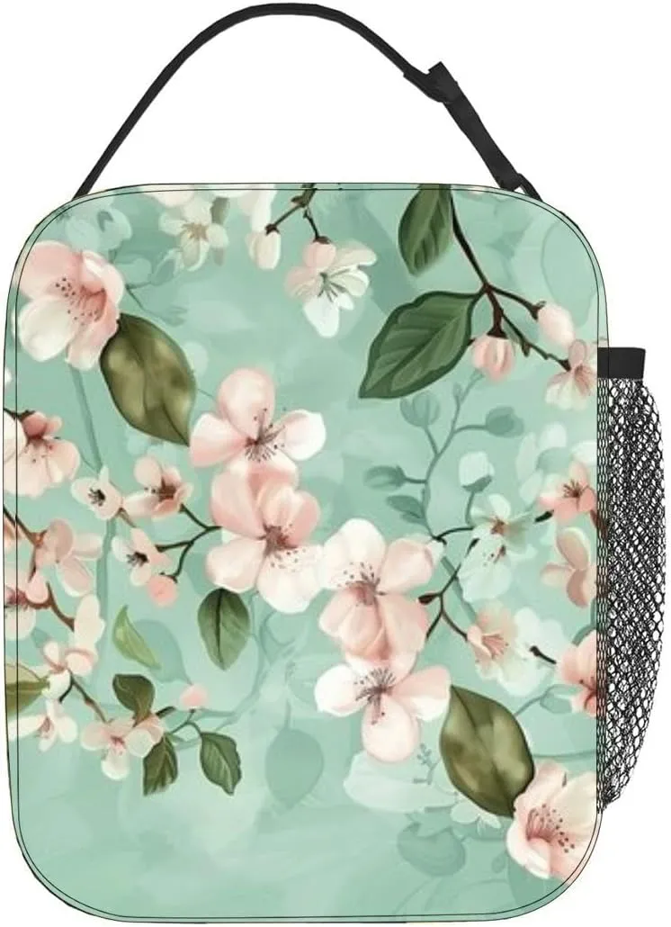 Sakura Symphony Bohemian Oriental Aesthetic Mint and Pink Flowers and Insulated Iunch Bag for Men Woman Large Portable Waterproof Reusable Thermal Lunch Box with Pockets for Work Travel Picnic