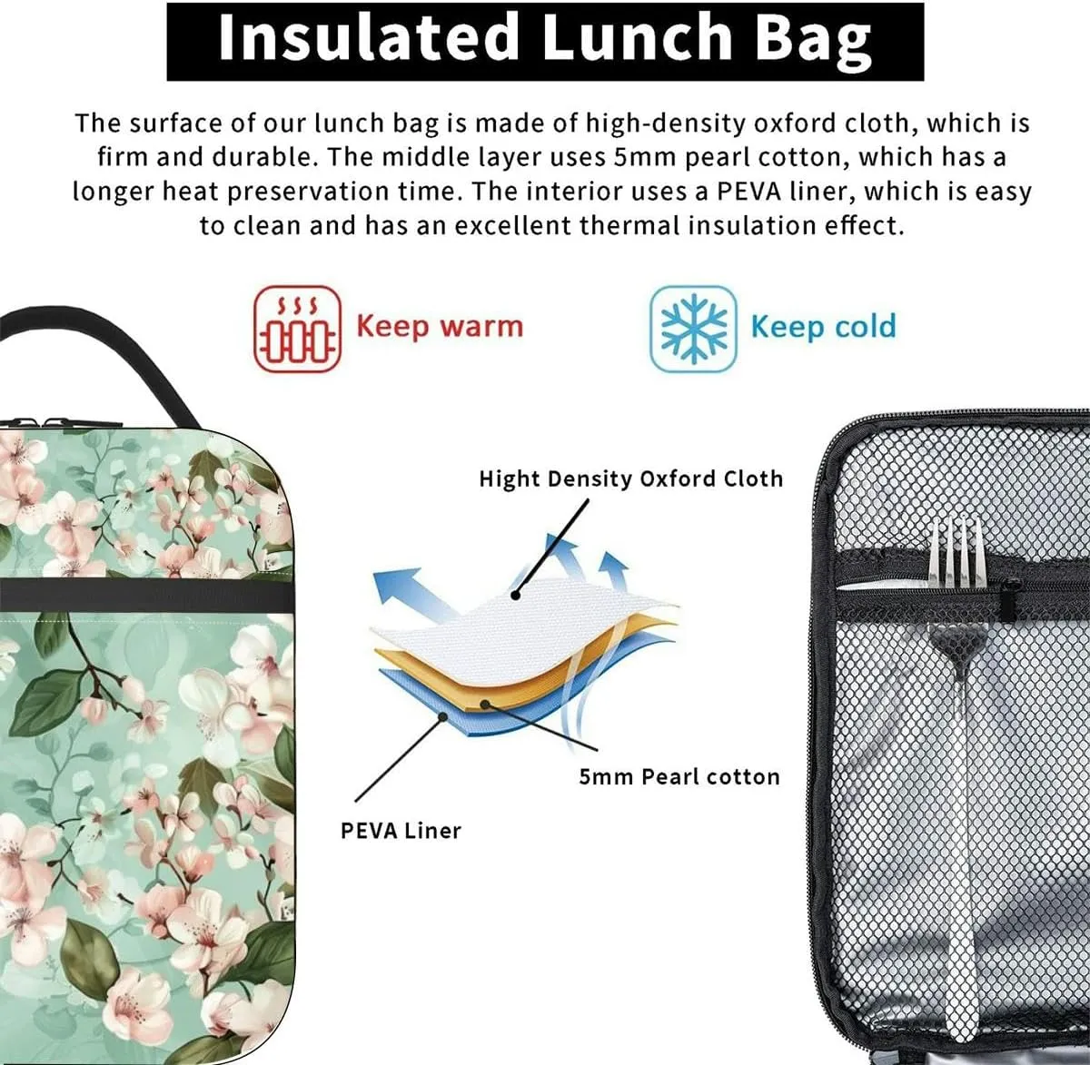 Sakura Symphony Bohemian Oriental Aesthetic Mint and Pink Flowers and Insulated Iunch Bag for Men Woman Large Portable Waterproof Reusable Thermal Lunch Box with Pockets for Work Travel Picnic