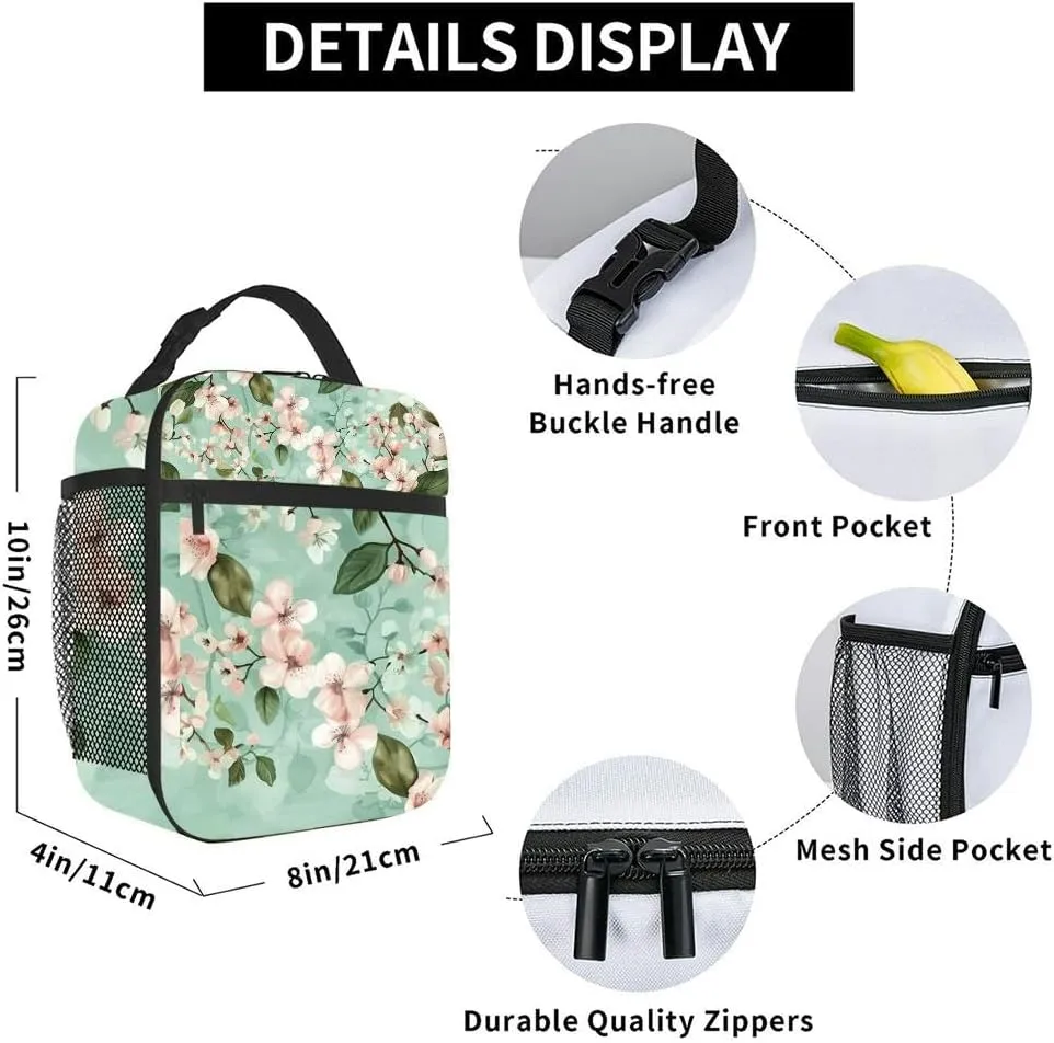 Sakura Symphony Bohemian Oriental Aesthetic Mint and Pink Flowers and Insulated Iunch Bag for Men Woman Large Portable Waterproof Reusable Thermal Lunch Box with Pockets for Work Travel Picnic