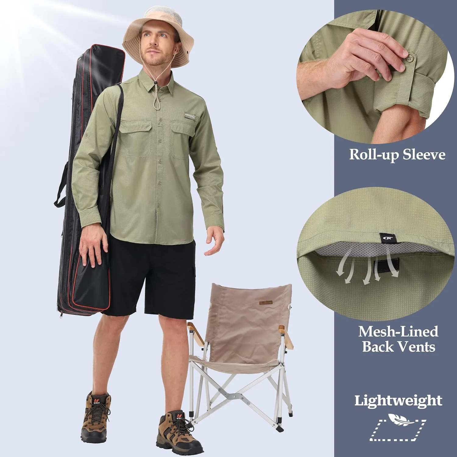 Satankud Mens Long Sleeve Fishing Shirts Sun Protection Quick Dry Cooling Hiking Shirt for Travel Safari Camping Work