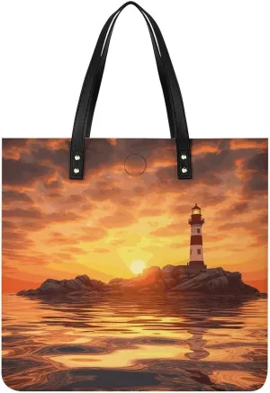 Sea Lighthouse in Sunset Leather Women Tote Bag Soft Handbags Fashion Shoulder Purses Large Capacity Satchel Clutch Handbag for Travel Work