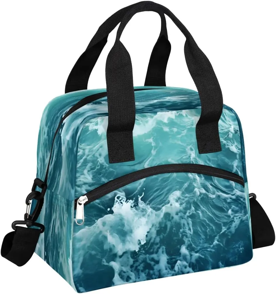Sea Seawater Waves Insulated Lunch Bag for Women, Reusable Lunch Box with Adjustable Shoulder Strap Leakproof Adults Lunch Tote Bags for Work Travel Picnic Camping